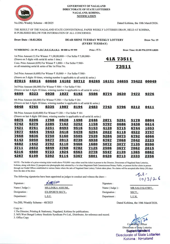 Dear Lottery result sheet 1:00 PM 10-03-2026