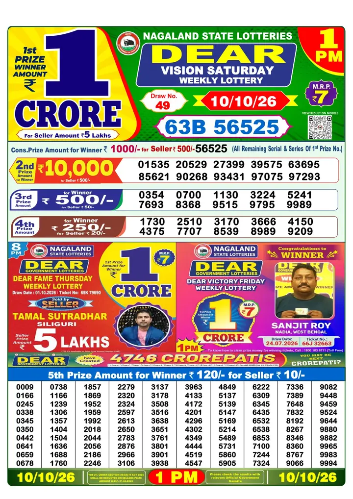 Dear Lottery result sheet 1:00 PM 10-10-2026