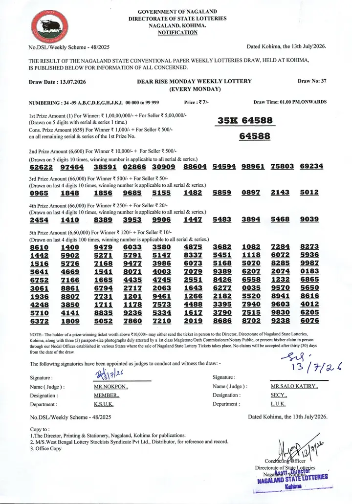 Dear Lottery result sheet 1:00 PM 13-07-2026