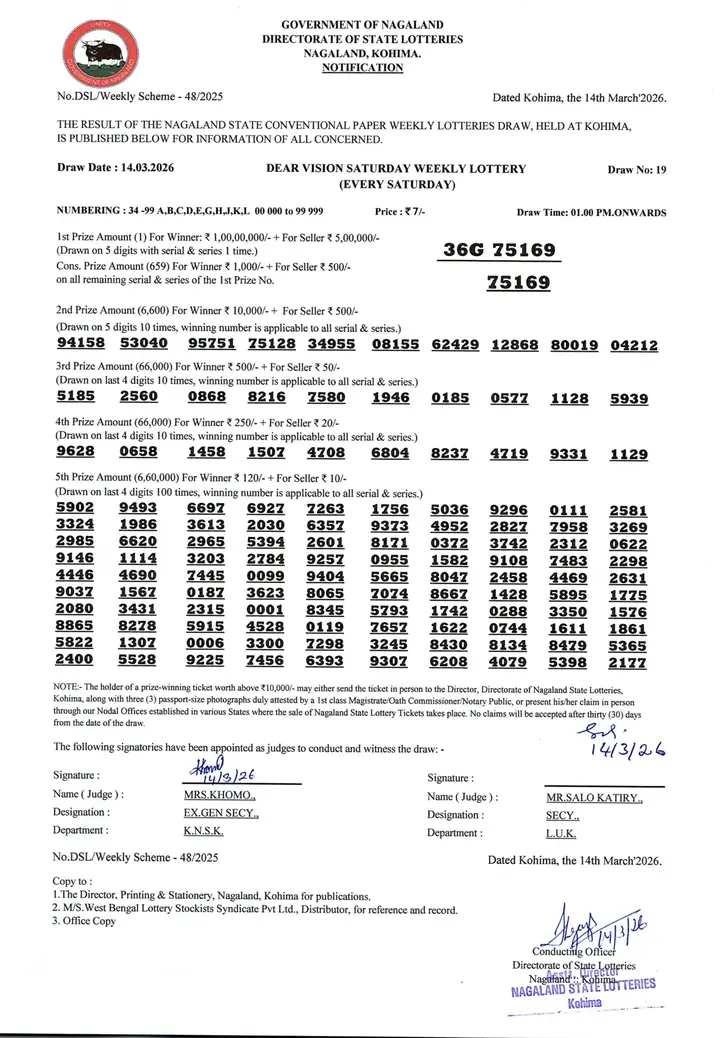 Dear Lottery result sheet 1:00 PM 14-03-2026