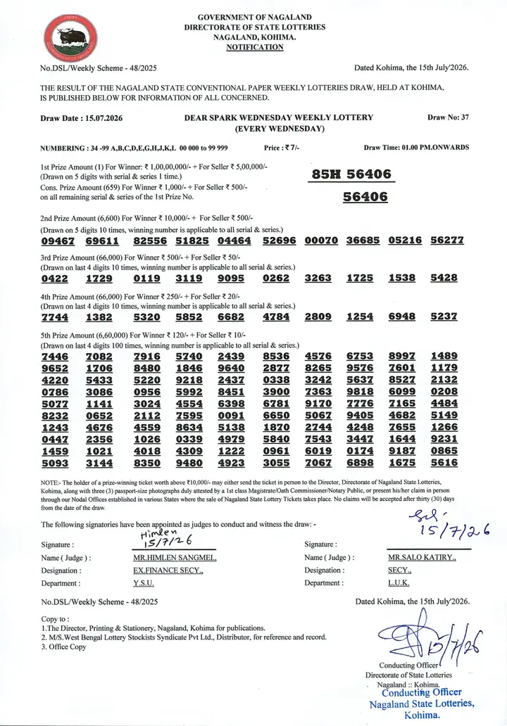 Dear Lottery result sheet 1:00 PM 15-07-2026