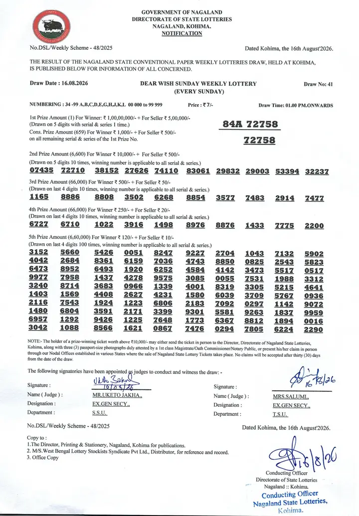 Dear Lottery result sheet 1:00 PM 16-08-2026