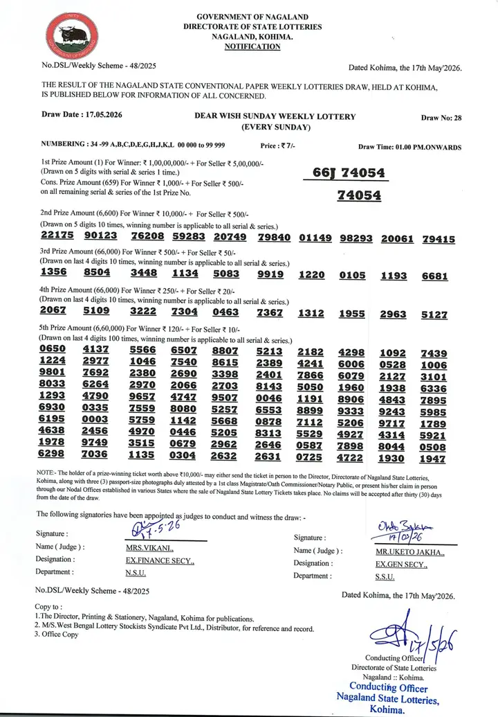 Dear Lottery result sheet 1:00 PM 17-05-2026