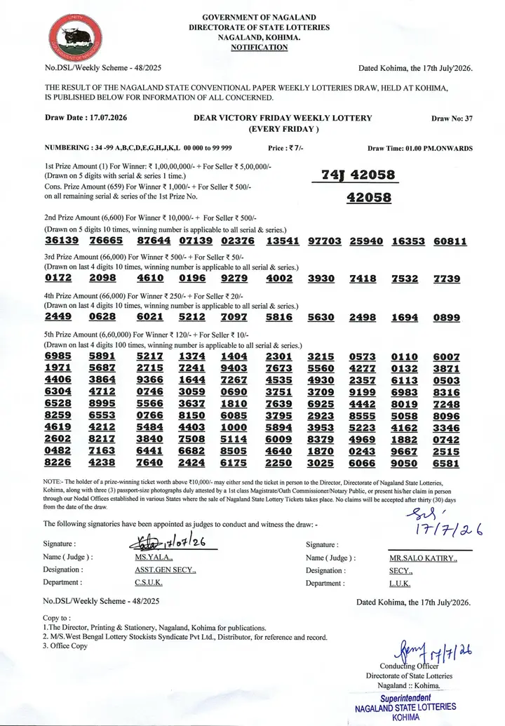 Dear Lottery result sheet 1:00 PM 17-07-2026
