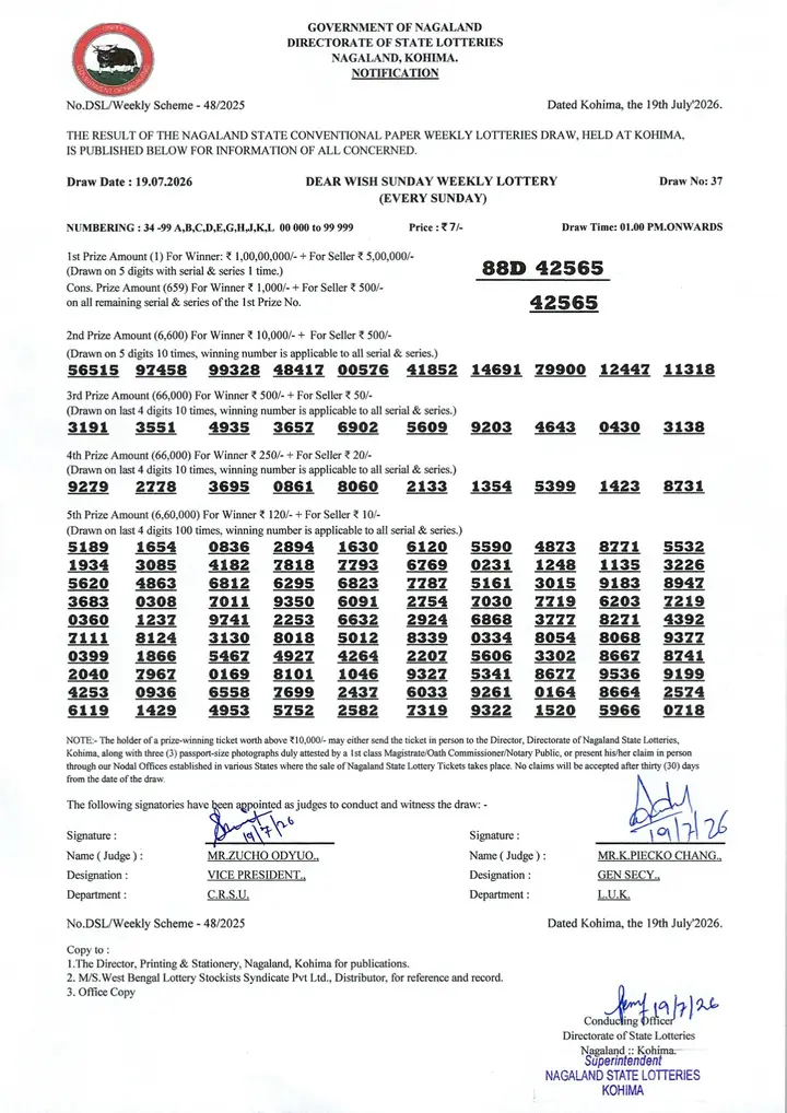 Dear Lottery result sheet 1:00 PM 19-07-2026