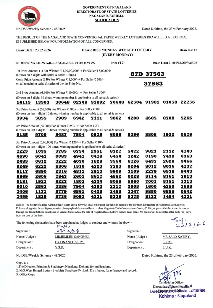 Dear Lottery result sheet 1:00 PM 23-02-2026