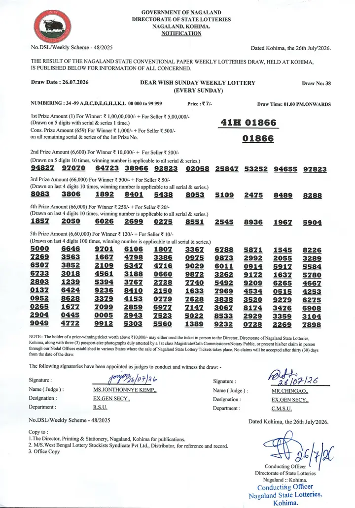 Dear Lottery result sheet 1:00 PM 26-07-2026
