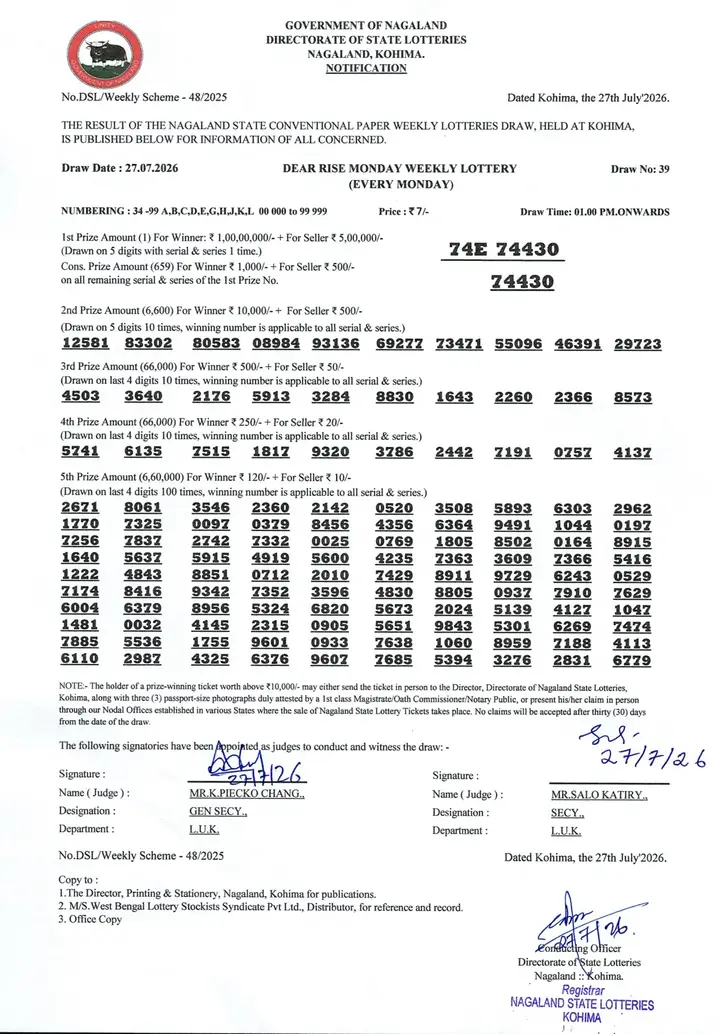 Dear Lottery result sheet 1:00 PM 27-07-2026