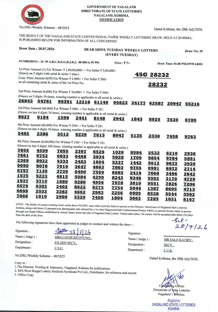 Dear Lottery result sheet 1:00 PM 28-07-2026