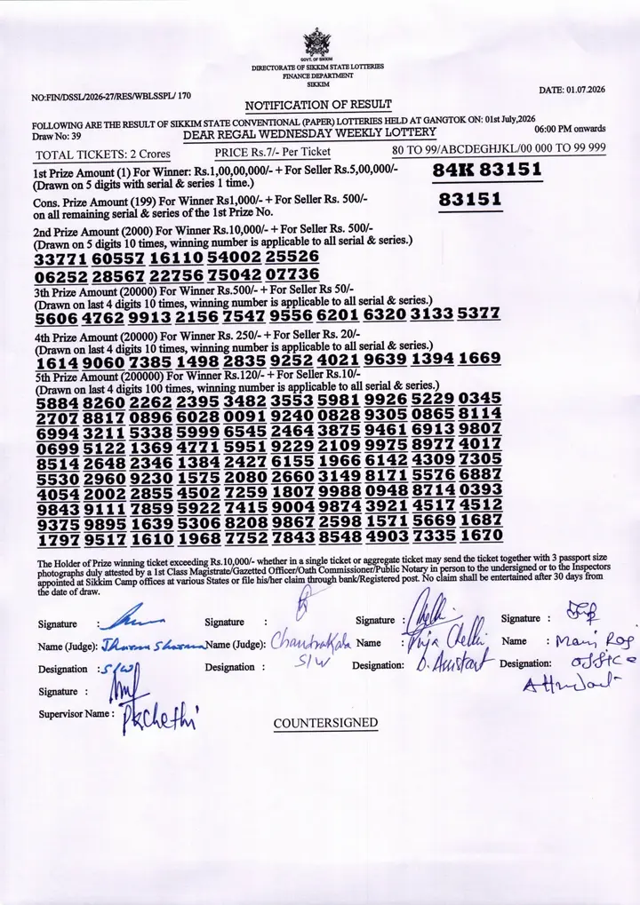 Dear Lottery result sheet 6:00 PM 01-07-2026