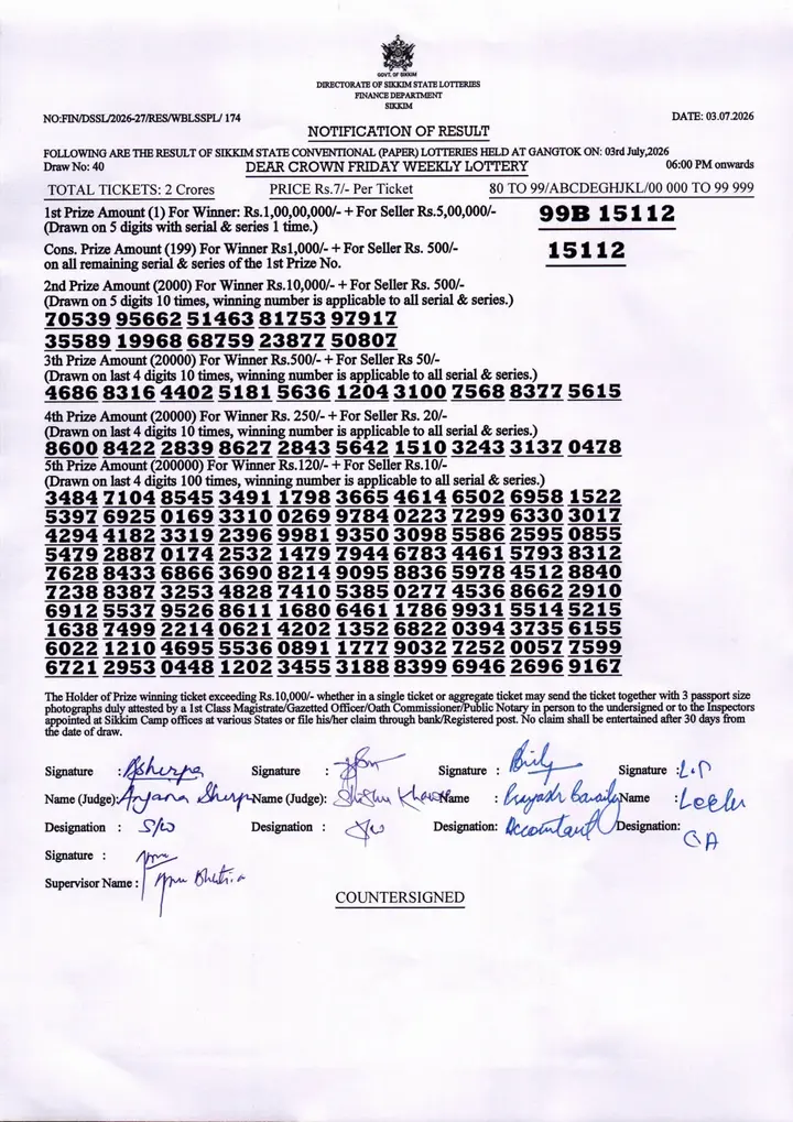 Dear Lottery result sheet 6:00 PM 03-07-2026