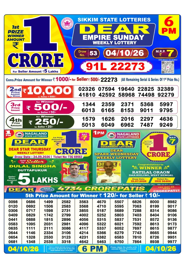 Dear Lottery result sheet 6:00 PM 04-10-2026