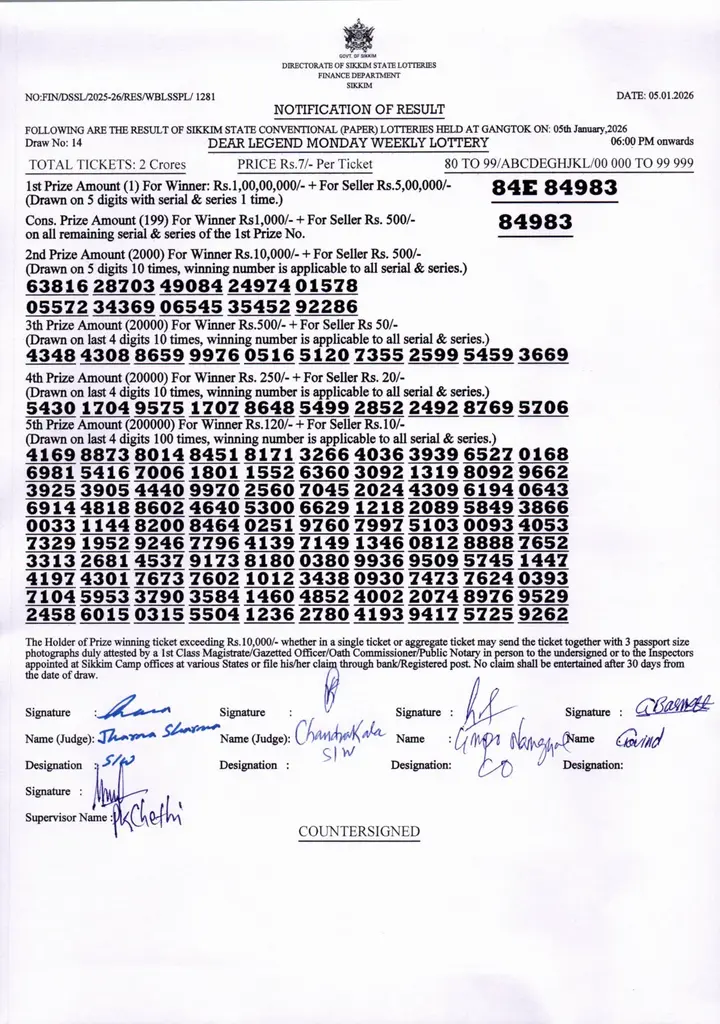 Dear Lottery result sheet 6:00 PM 05-01-2026