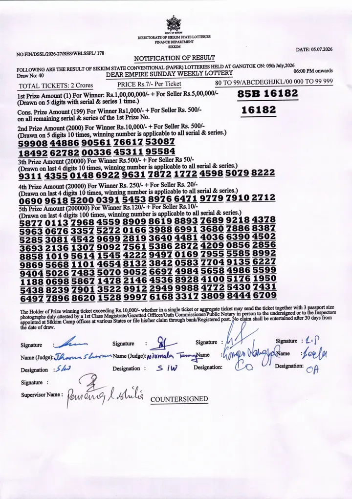 Dear Lottery result sheet 6:00 PM 05-07-2026