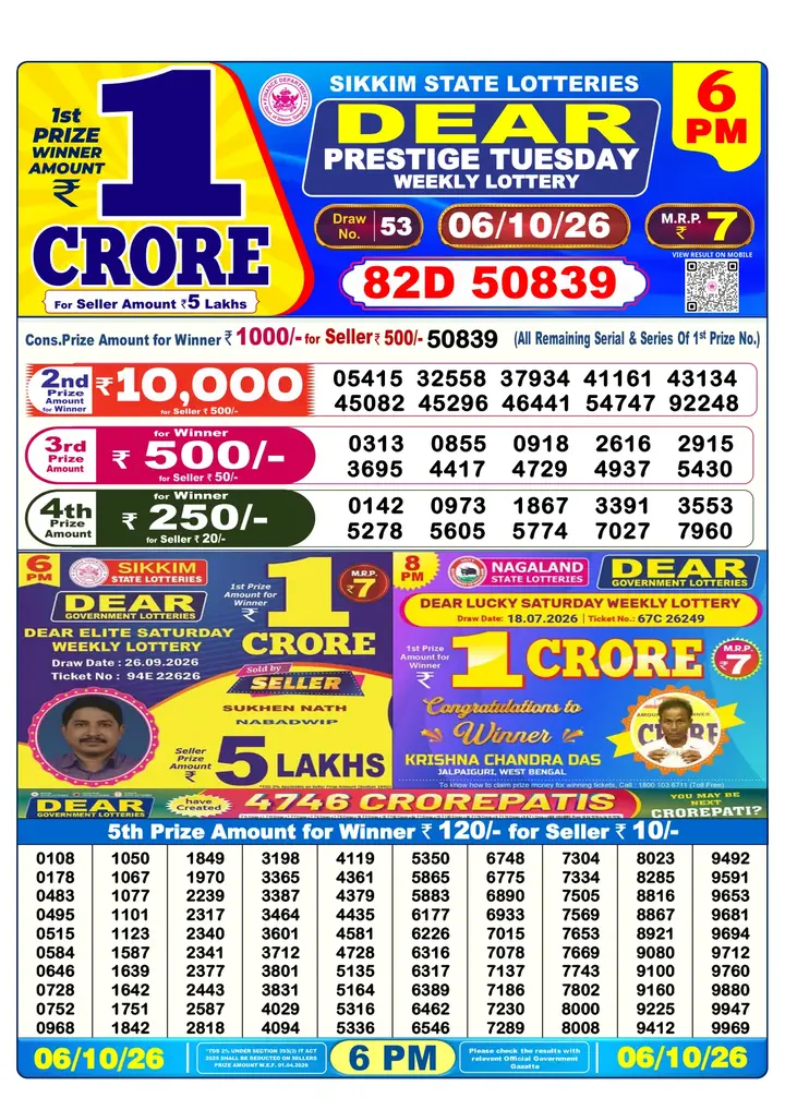 Dear Lottery result sheet 6:00 PM 06-10-2026