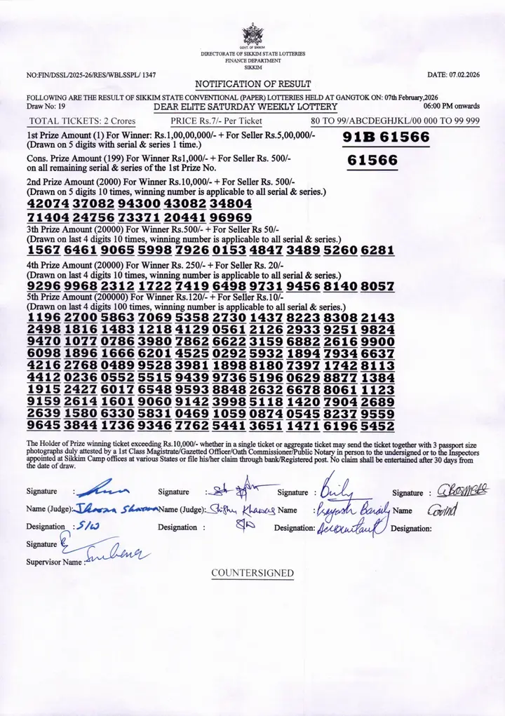 Dear Lottery result sheet 6:00 PM 07-02-2026
