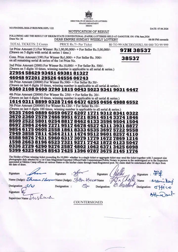 Dear Lottery result sheet 6:00 PM 07-06-2026