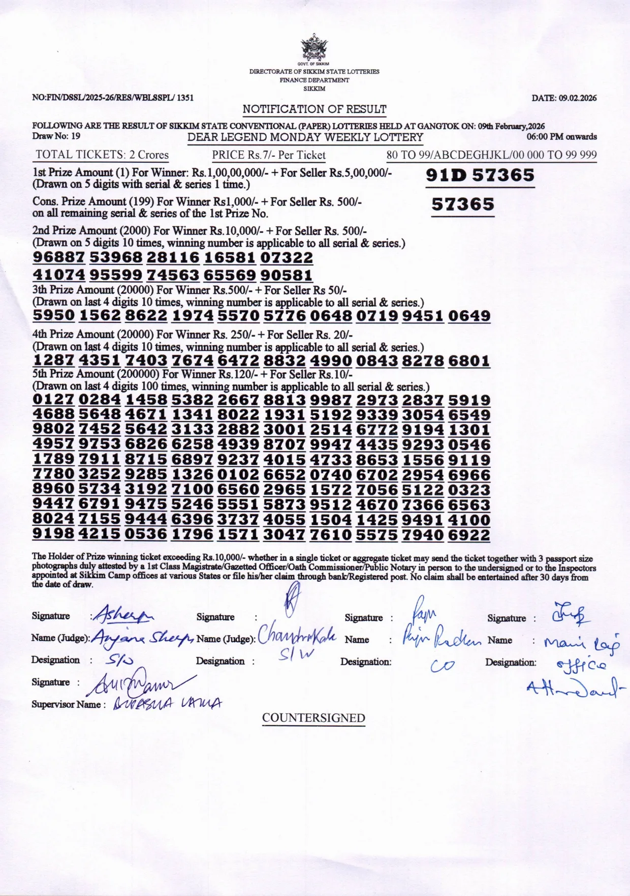 Dear Lottery result sheet 6:00 PM 09-02-2026