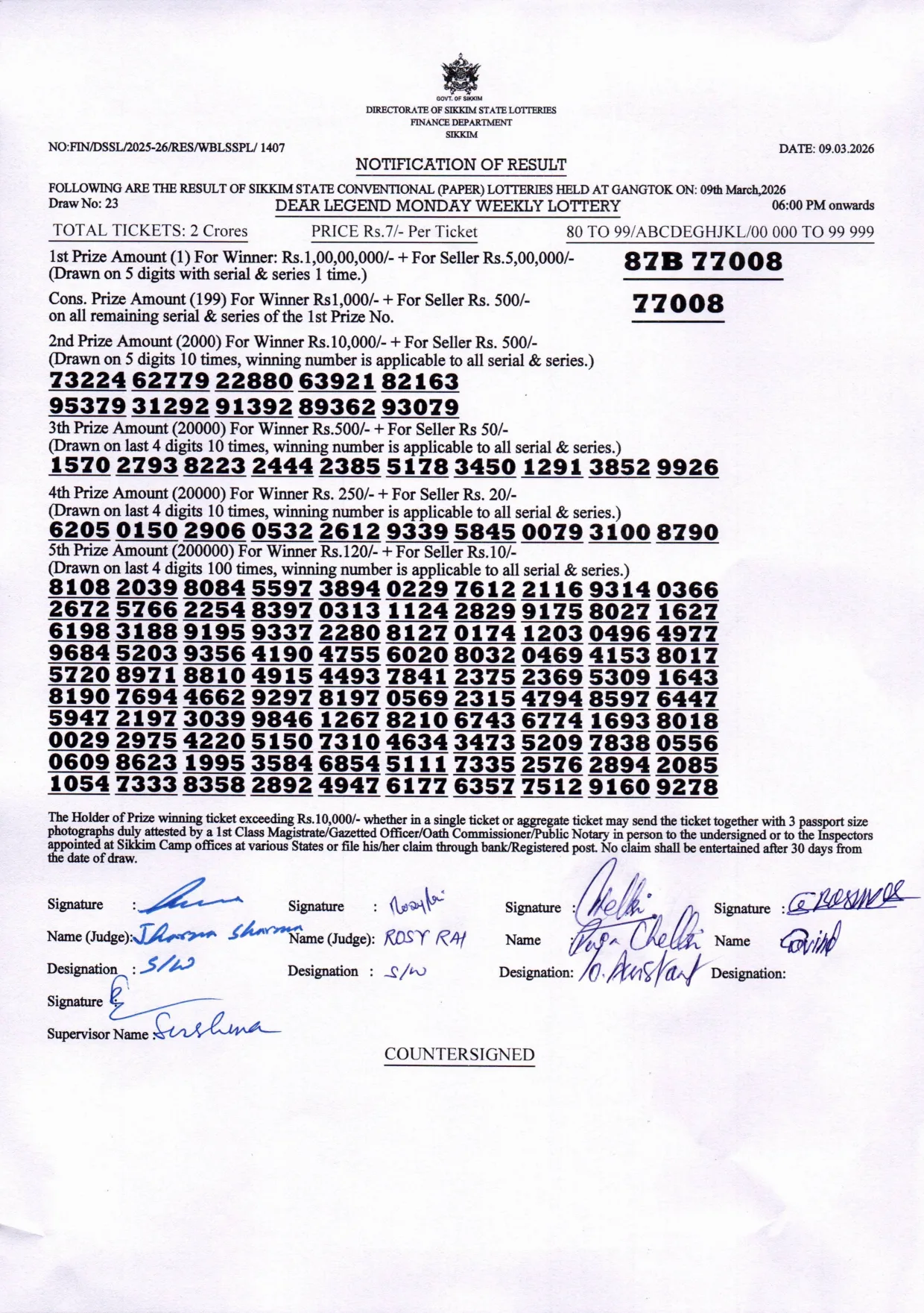 Dear Lottery result sheet 6:00 PM 09-03-2026