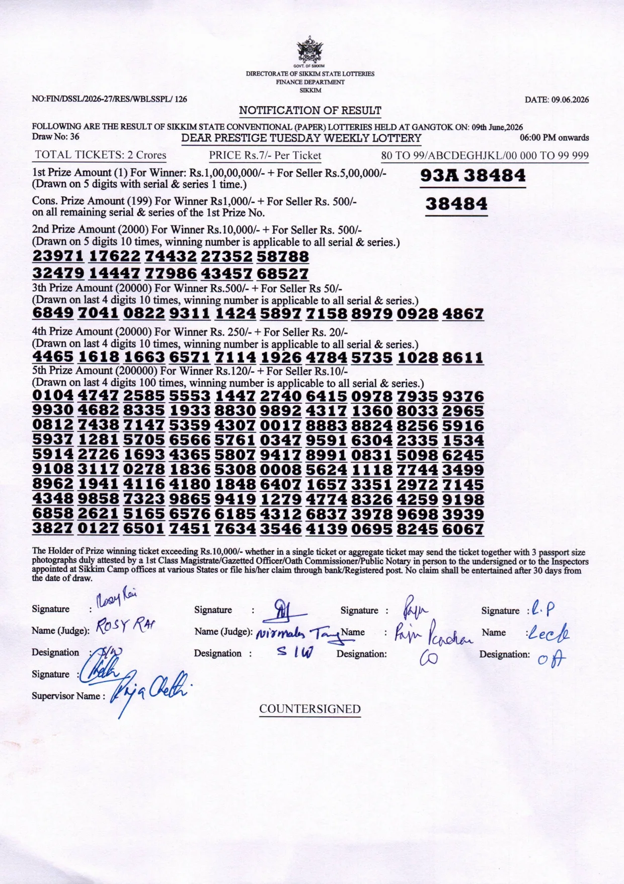 Dear Lottery result sheet 6:00 PM 09-06-2026