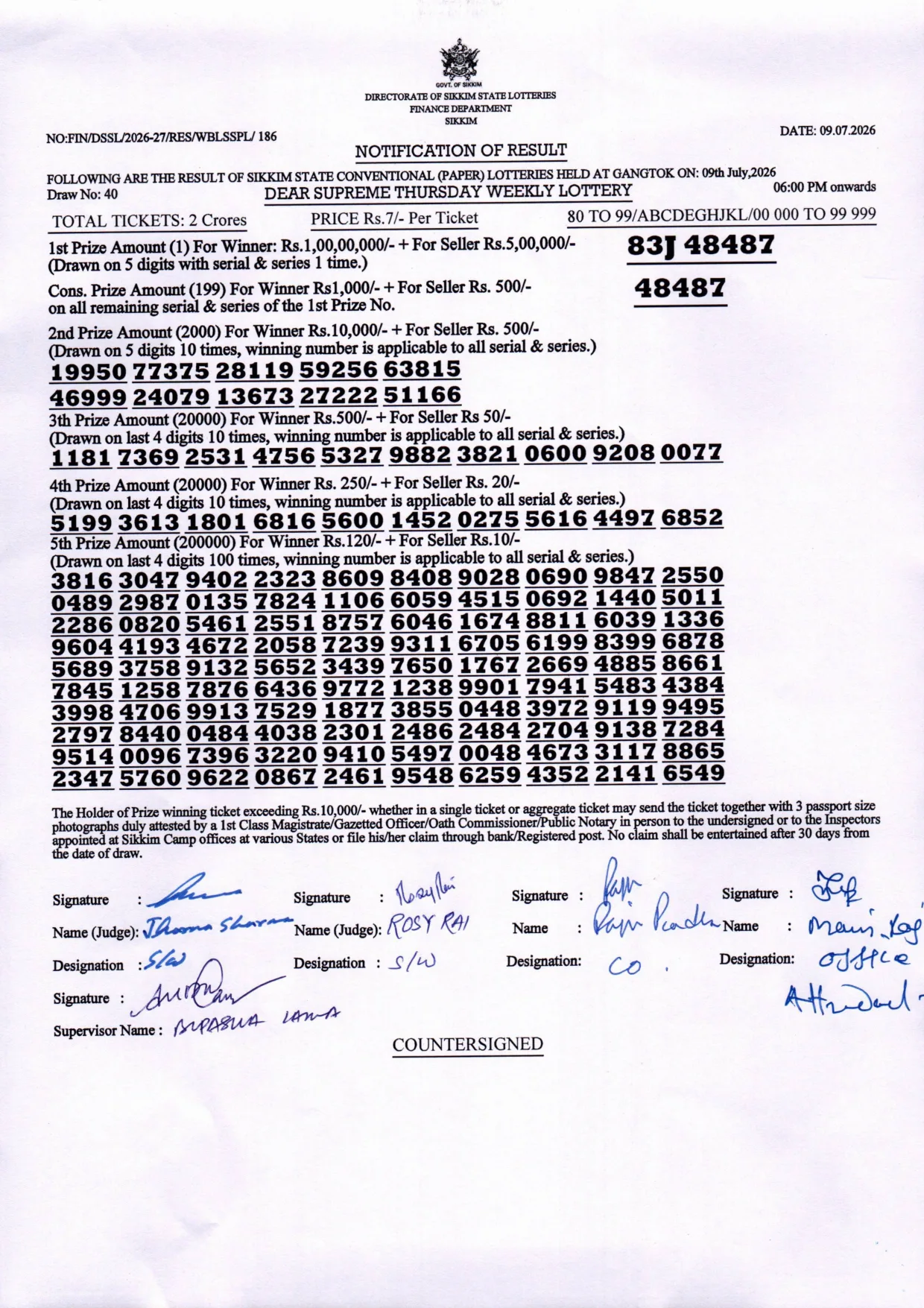 Dear Lottery result sheet 6:00 PM 09-07-2026