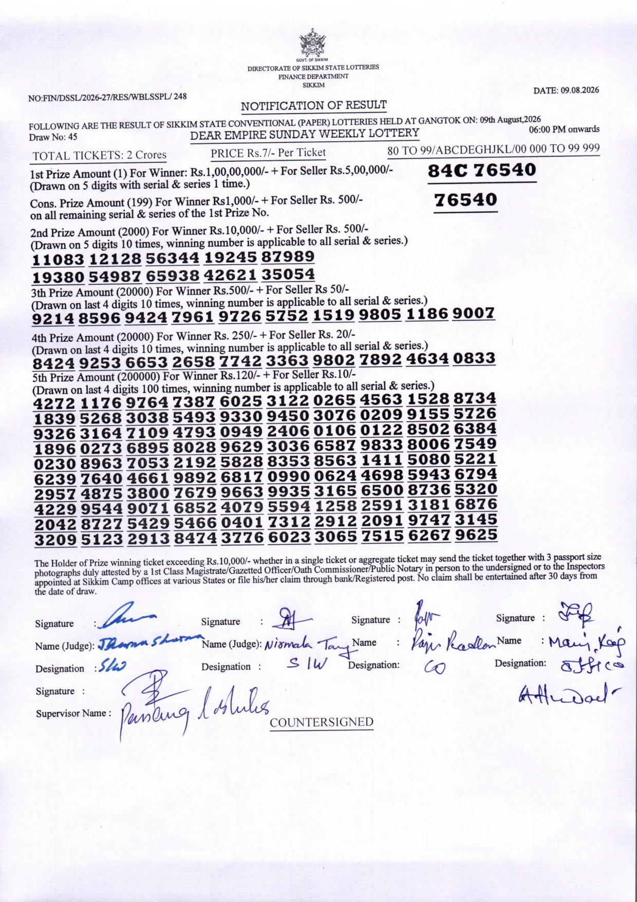 Dear Lottery result sheet 6:00 PM 09-08-2026