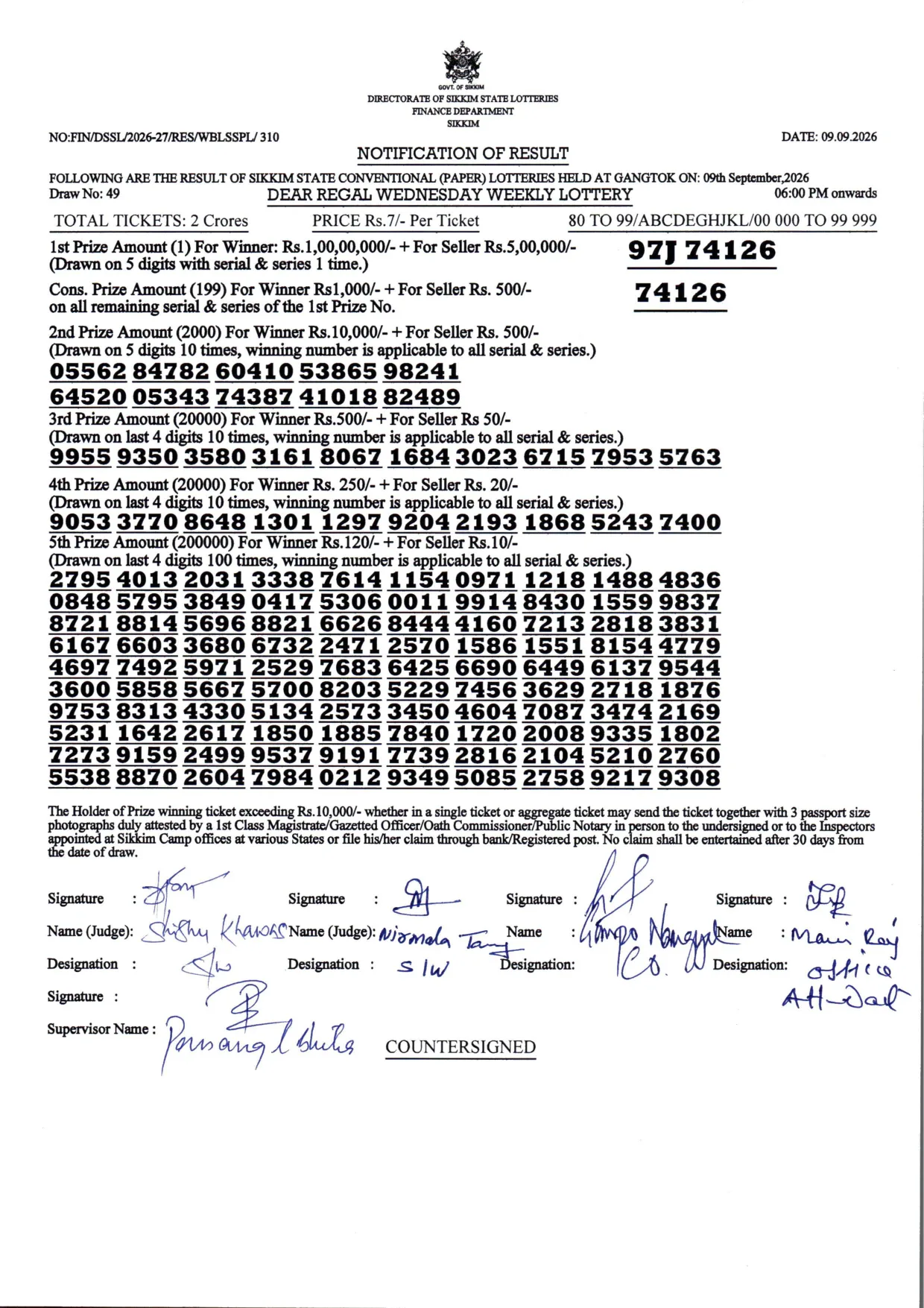 Dear Lottery result sheet 6:00 PM 09-09-2026