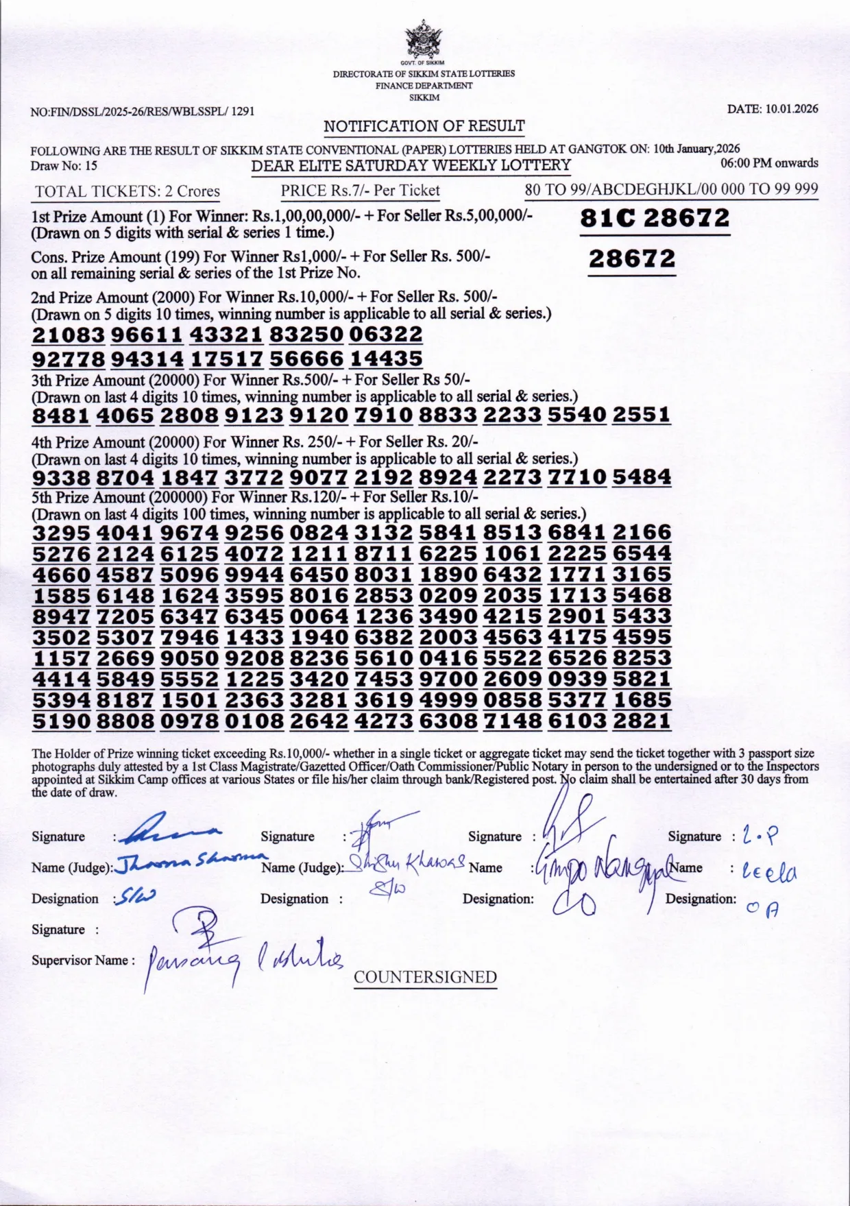 Dear Lottery result sheet 6:00 PM 10-01-2026