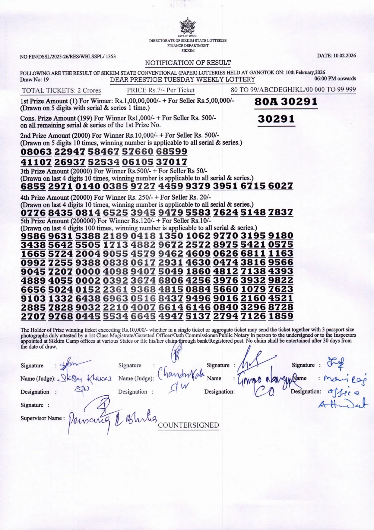 Dear Lottery result sheet 6:00 PM 10-02-2026