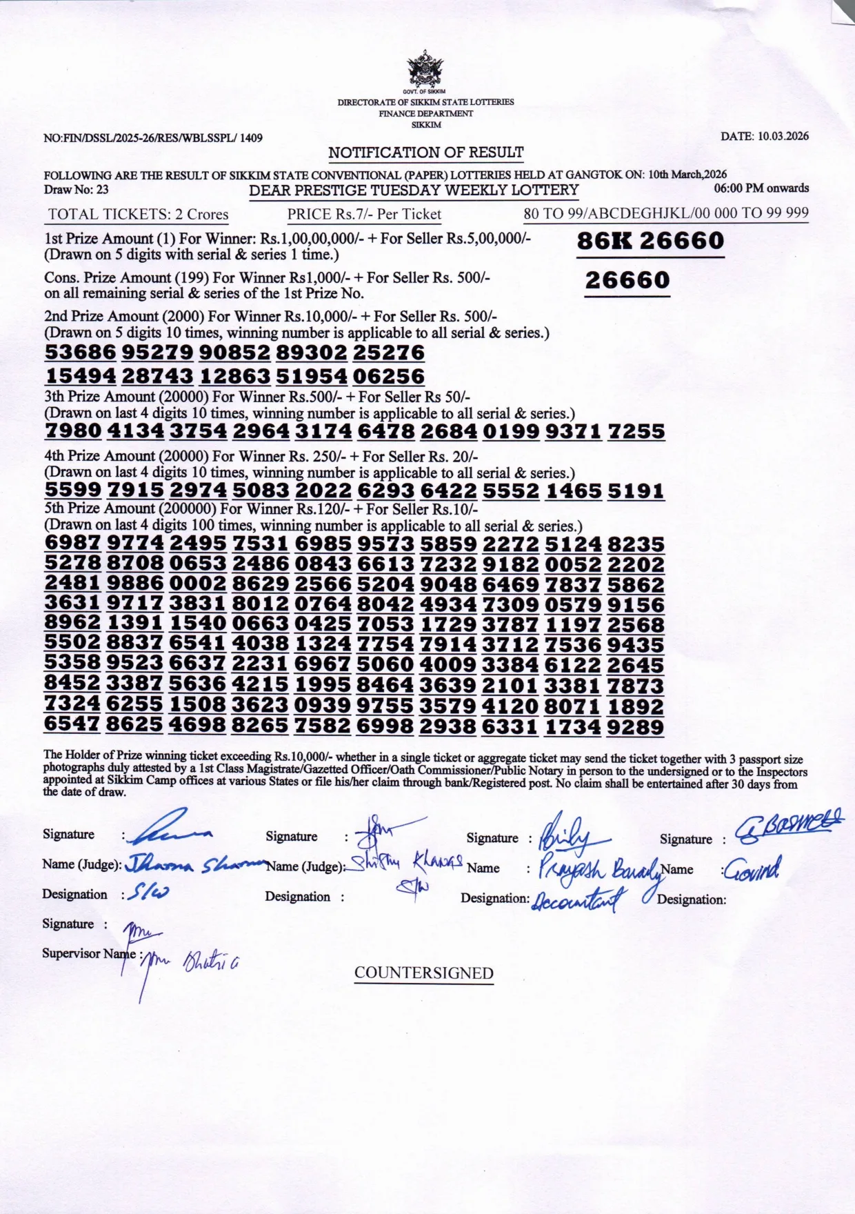 Dear Lottery result sheet 6:00 PM 10-03-2026