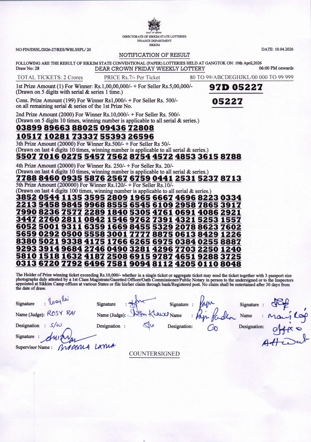 Dear Lottery result sheet 6:00 PM 10-04-2026