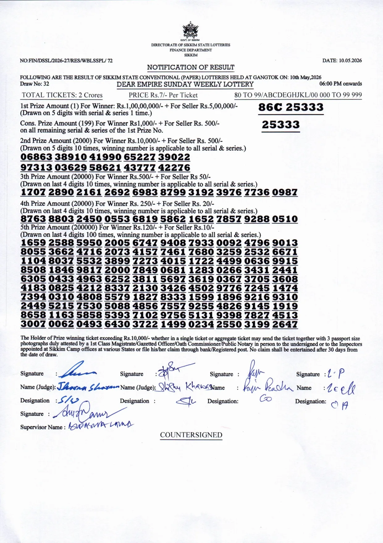 Dear Lottery result sheet 6:00 PM 10-05-2026