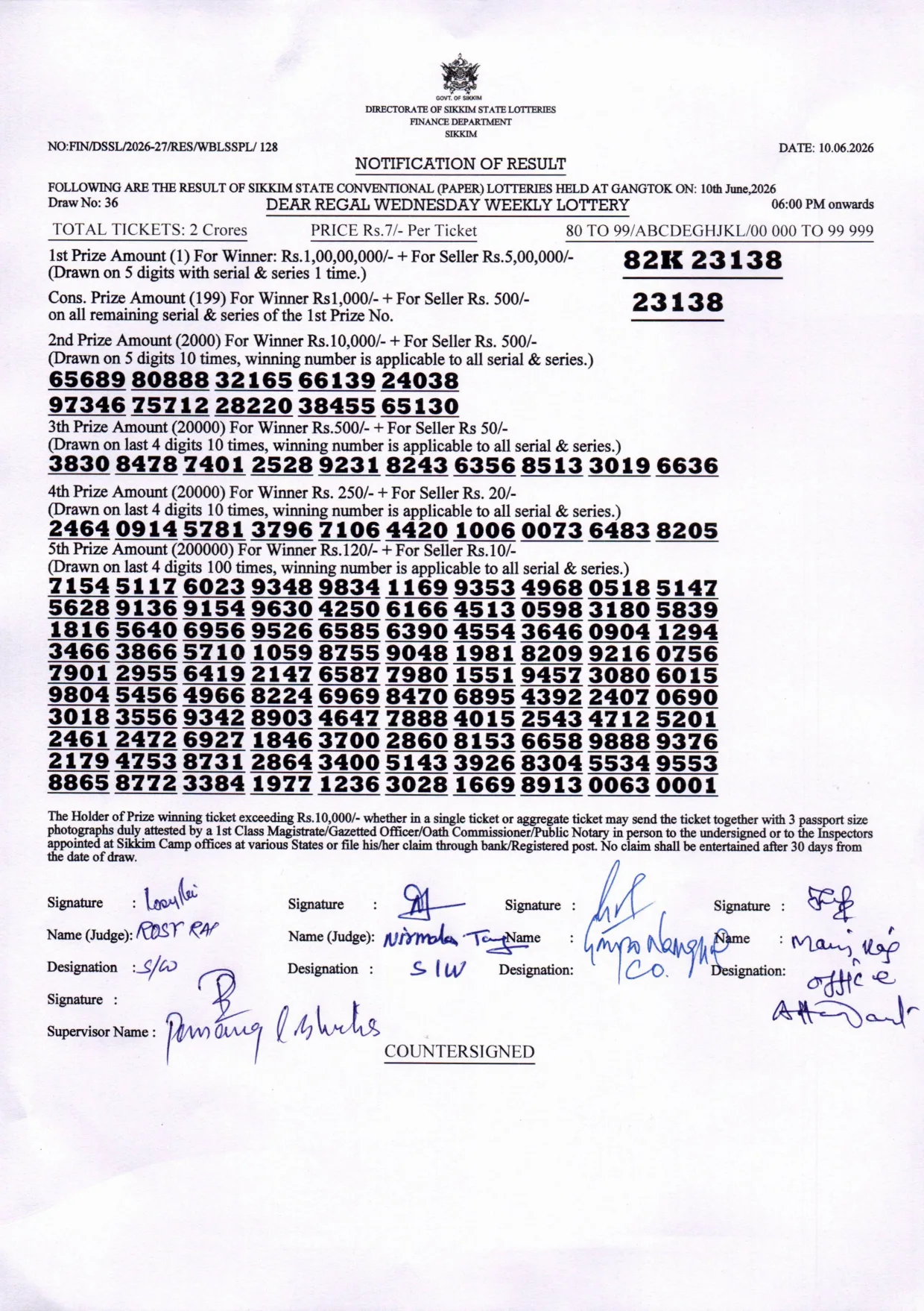 Dear Lottery result sheet 6:00 PM 10-06-2026