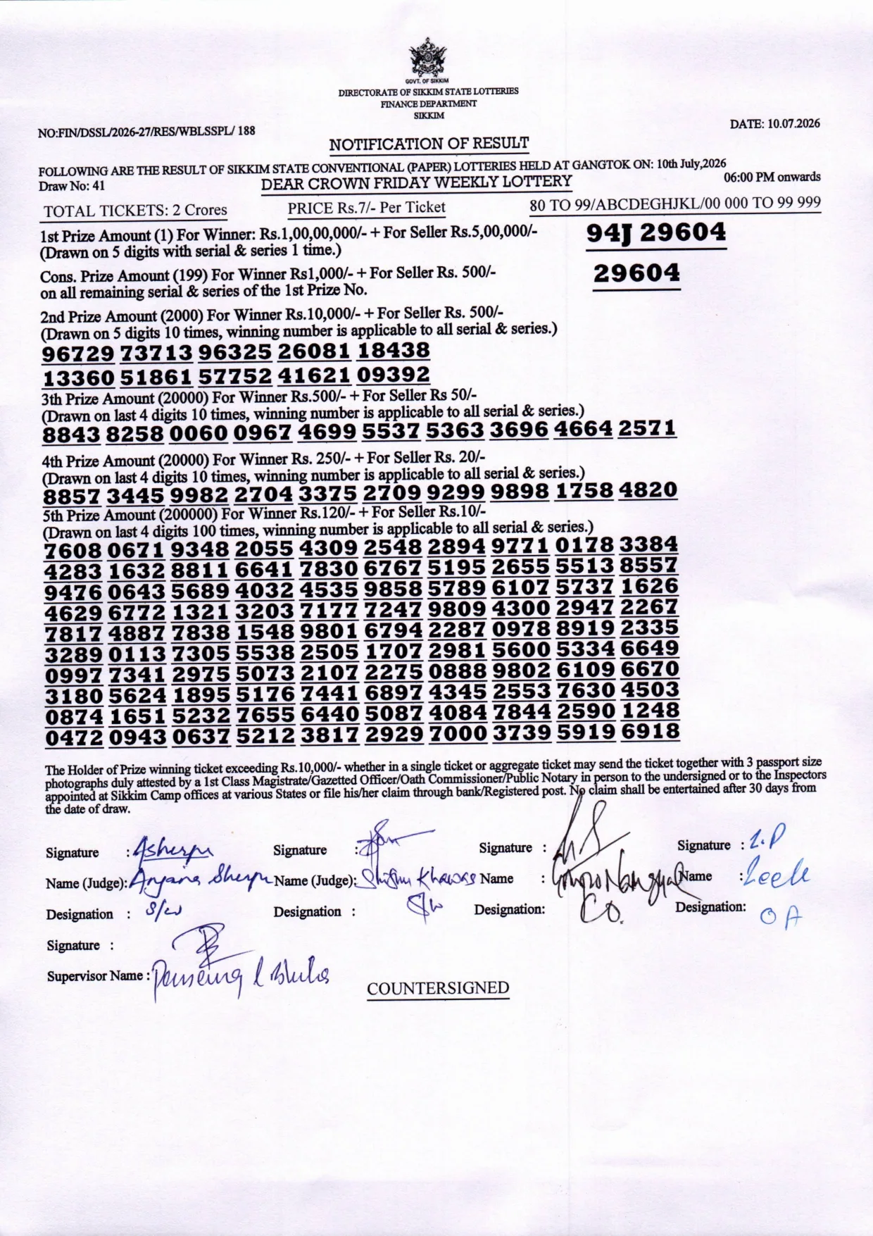 Dear Lottery result sheet 6:00 PM 10-07-2026
