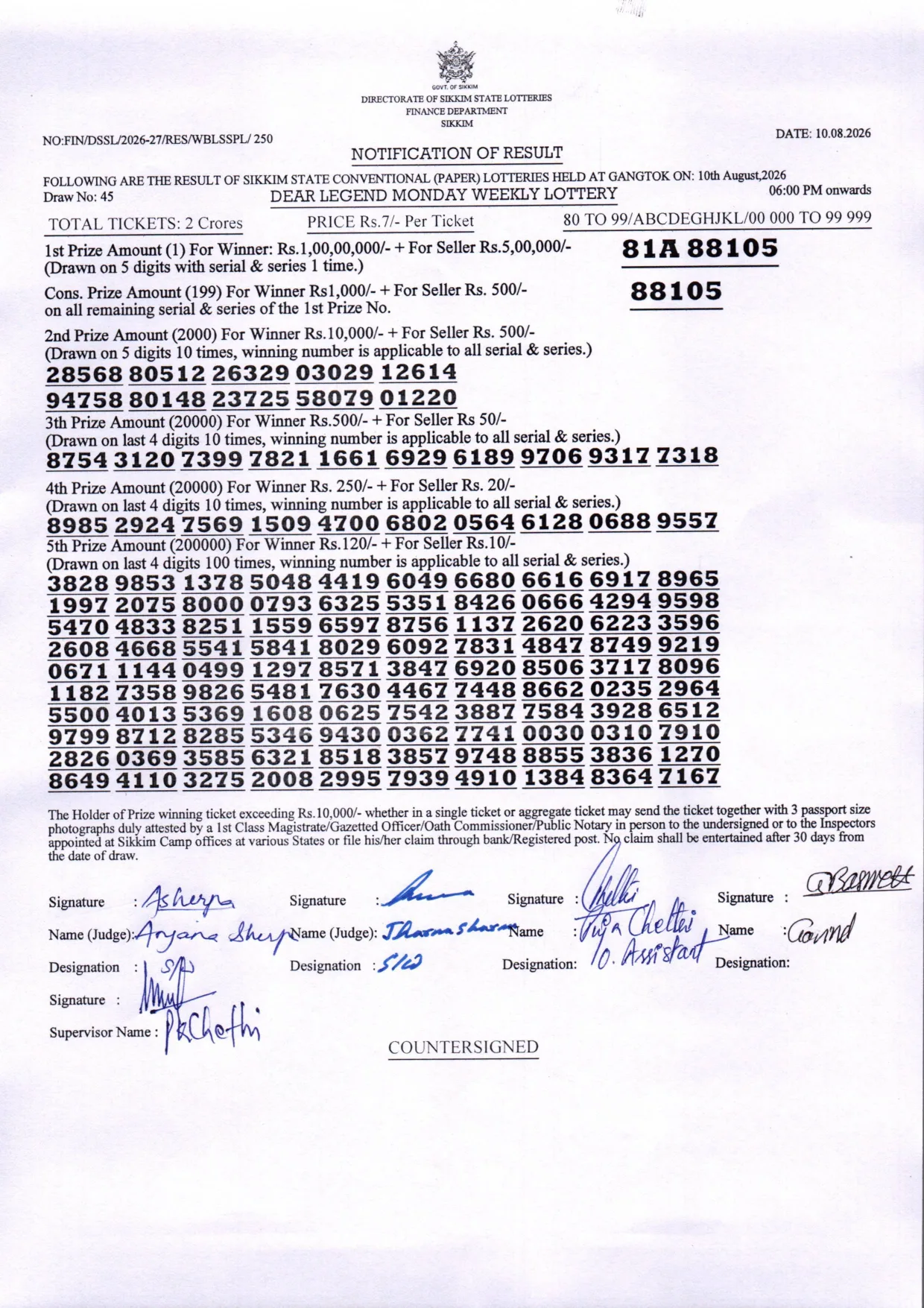 Dear Lottery result sheet 6:00 PM 10-08-2026