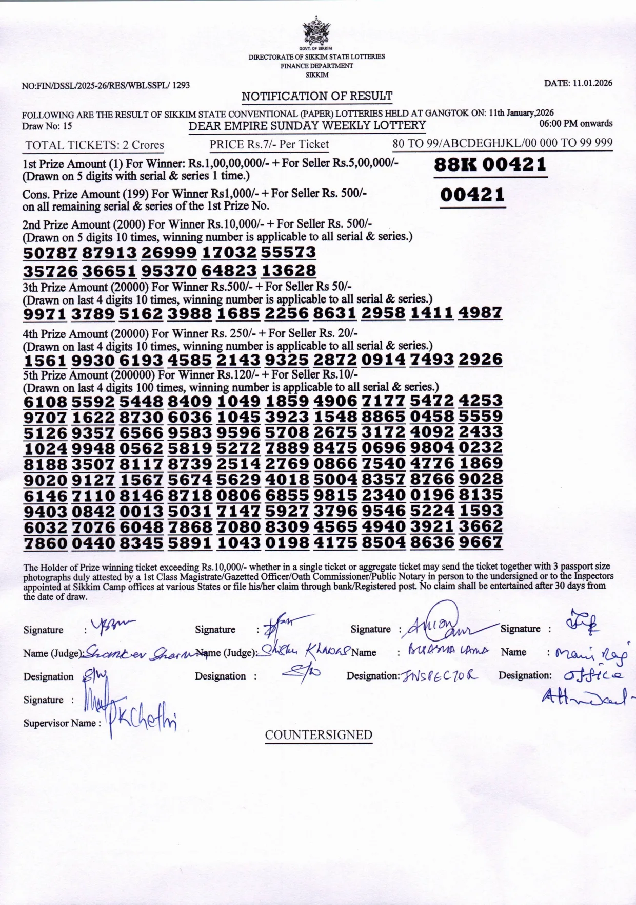 Dear Lottery result sheet 6:00 PM 11-01-2026