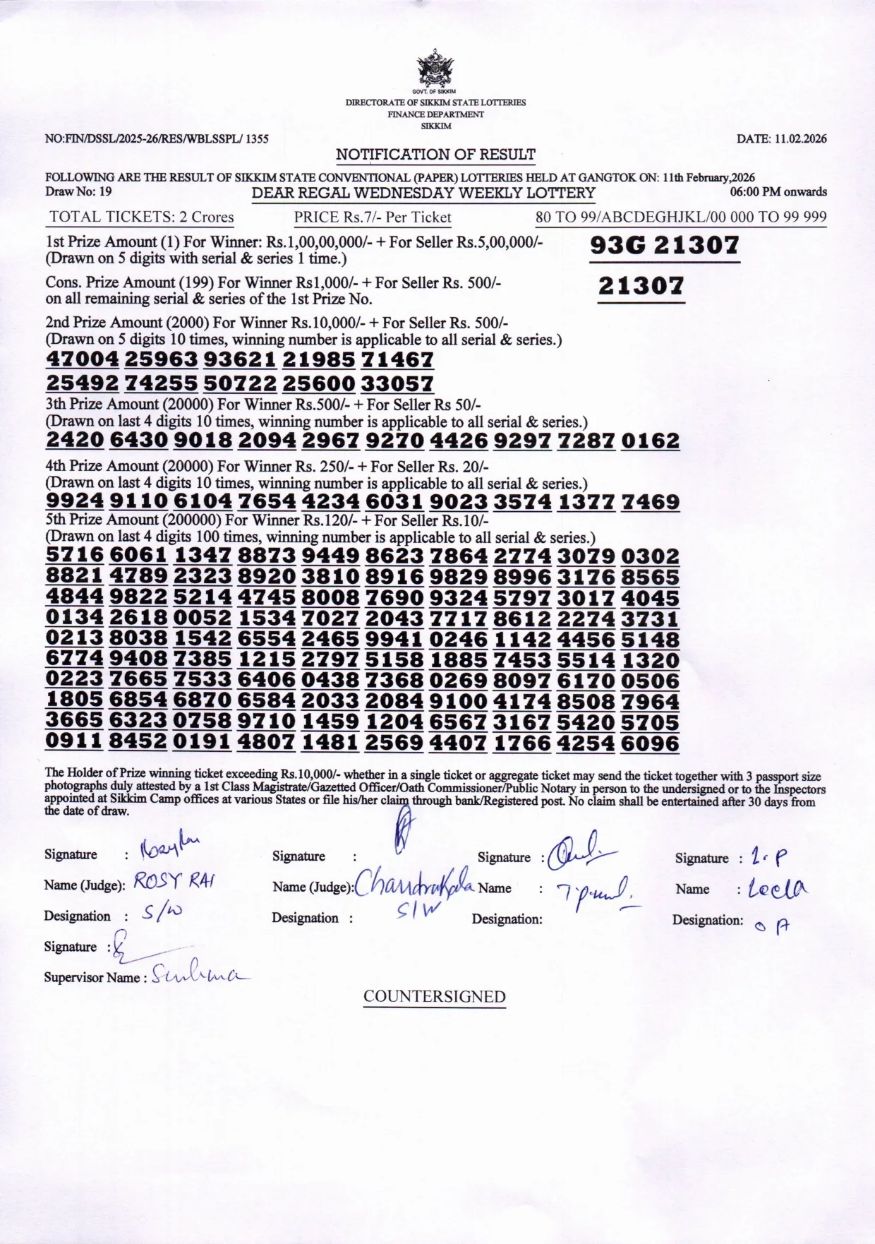 Dear Lottery result sheet 6:00 PM 11-02-2026