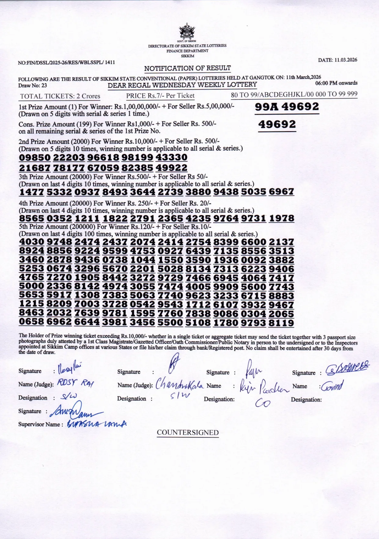 Dear Lottery result sheet 6:00 PM 11-03-2026