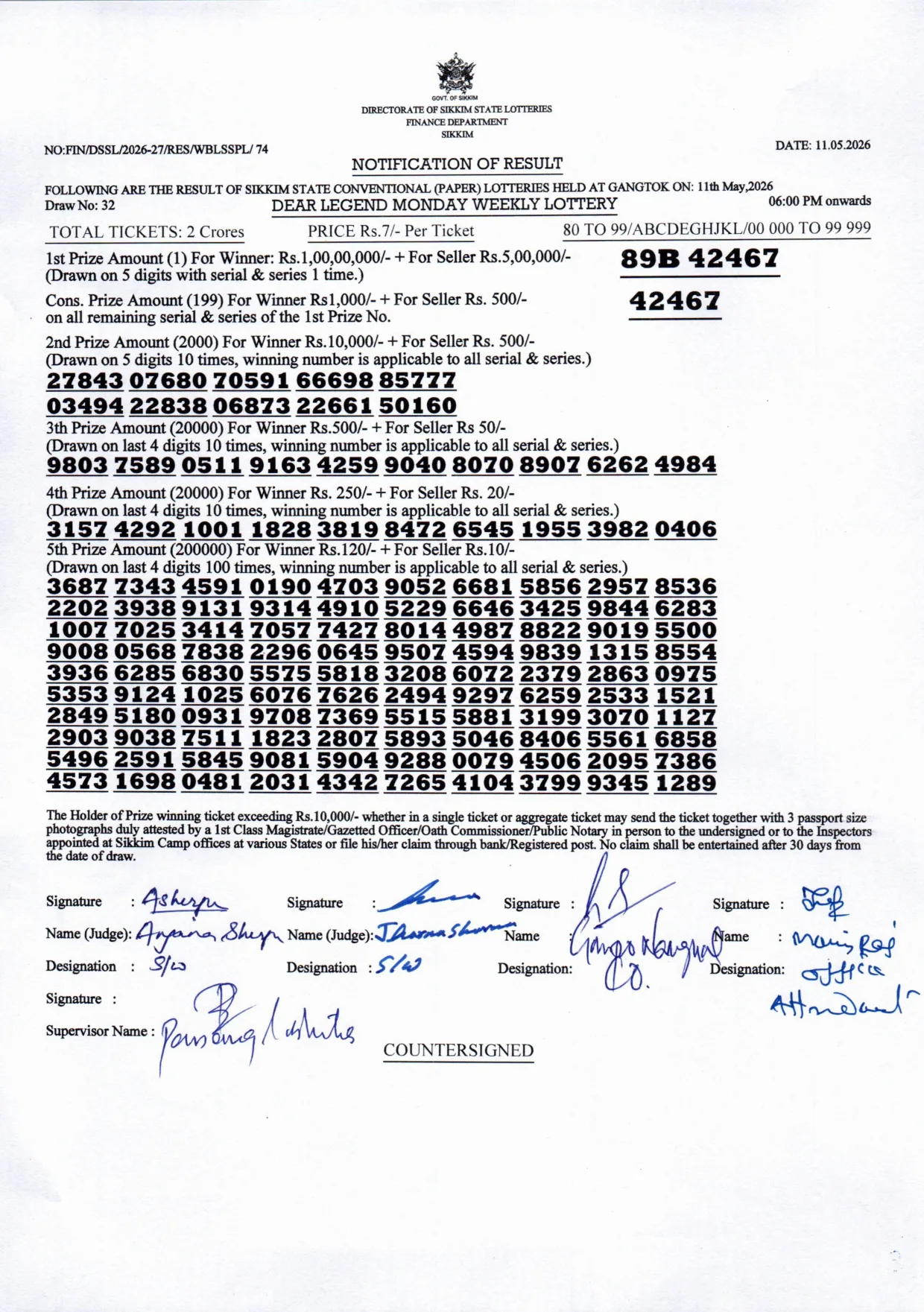 Dear Lottery result sheet 6:00 PM 11-05-2026