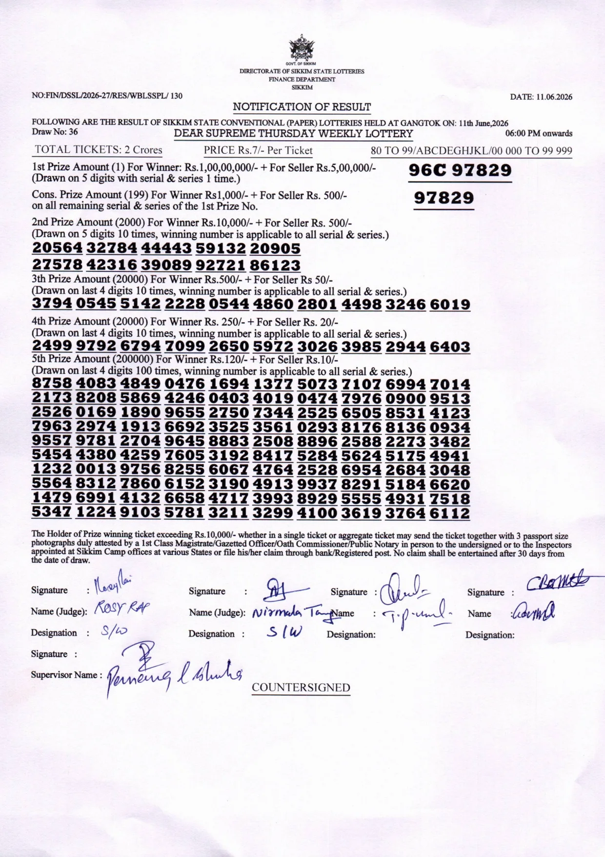 Dear Lottery result sheet 6:00 PM 11-06-2026