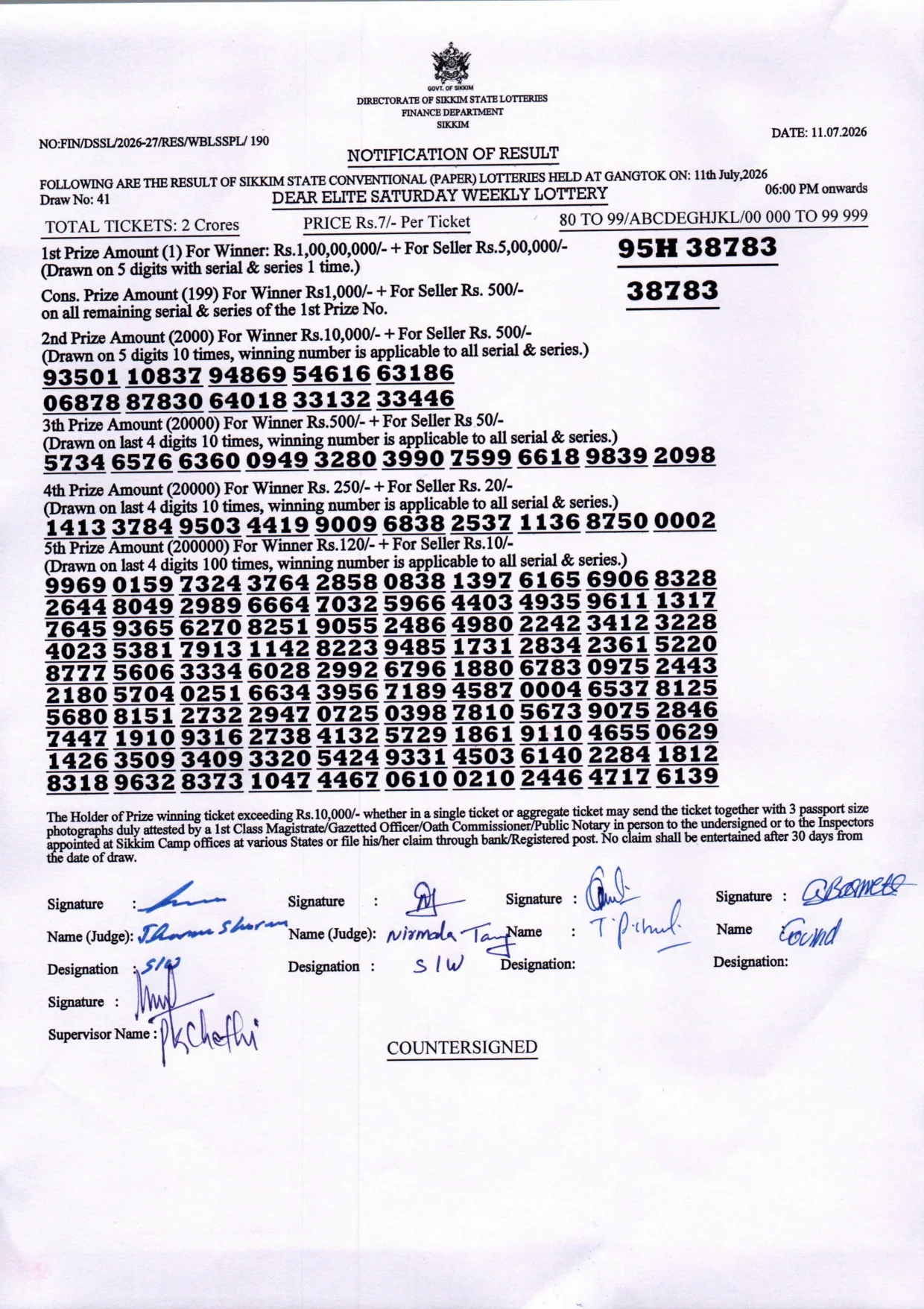 Dear Lottery result sheet 6:00 PM 11-07-2026