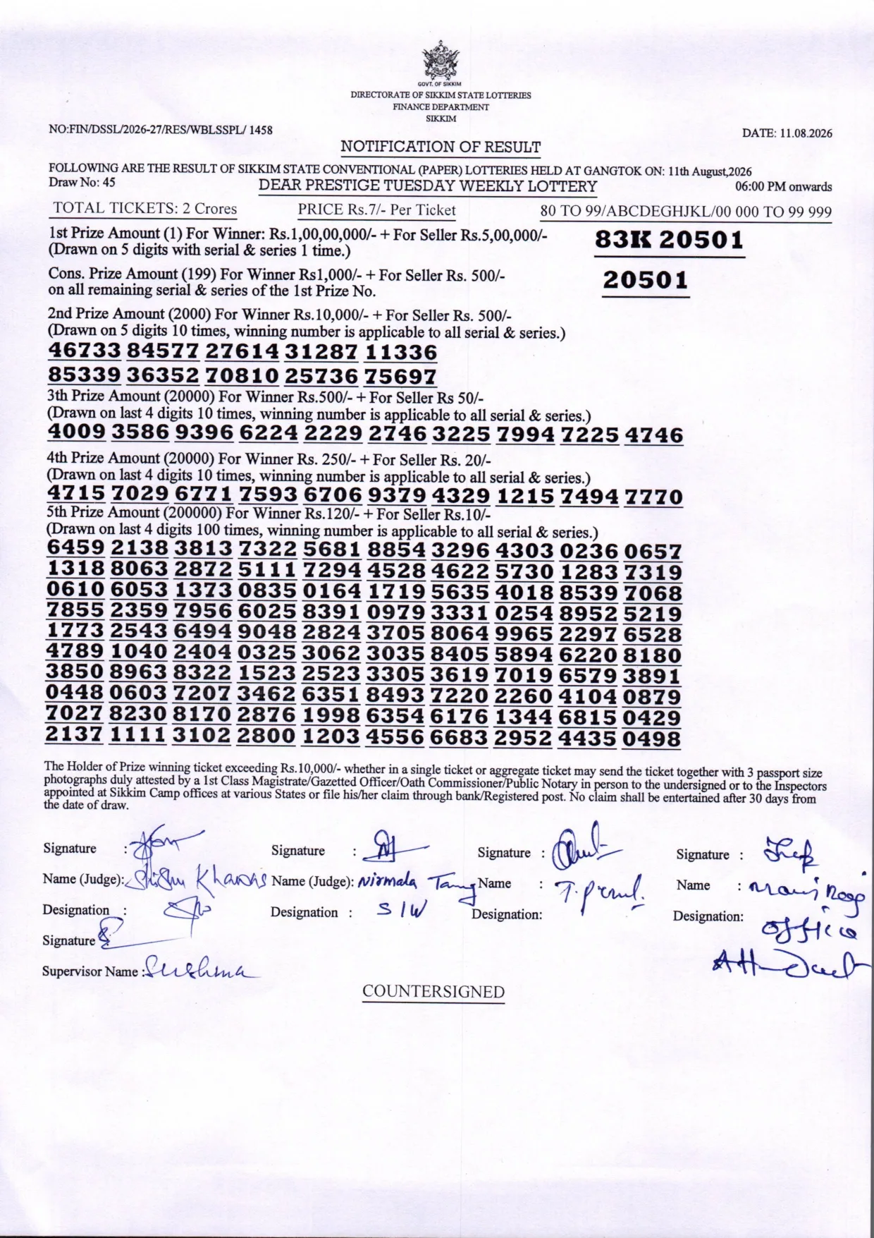 Dear Lottery result sheet 6:00 PM 11-08-2026