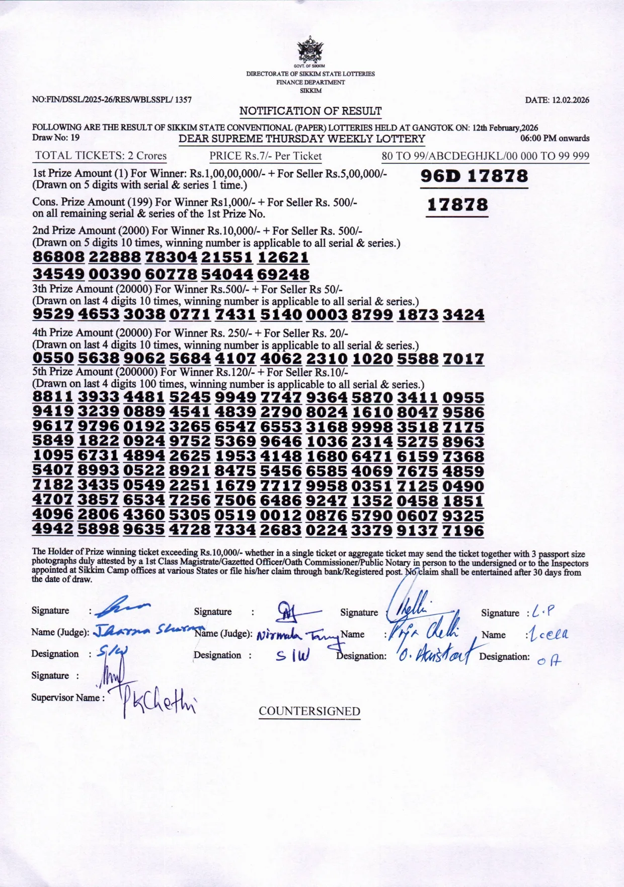 Dear Lottery result sheet 6:00 PM 12-02-2026