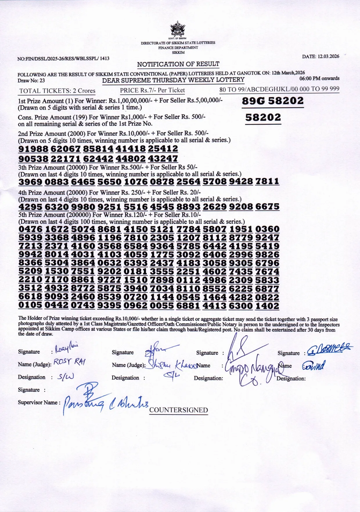 Dear Lottery result sheet 6:00 PM 12-03-2026