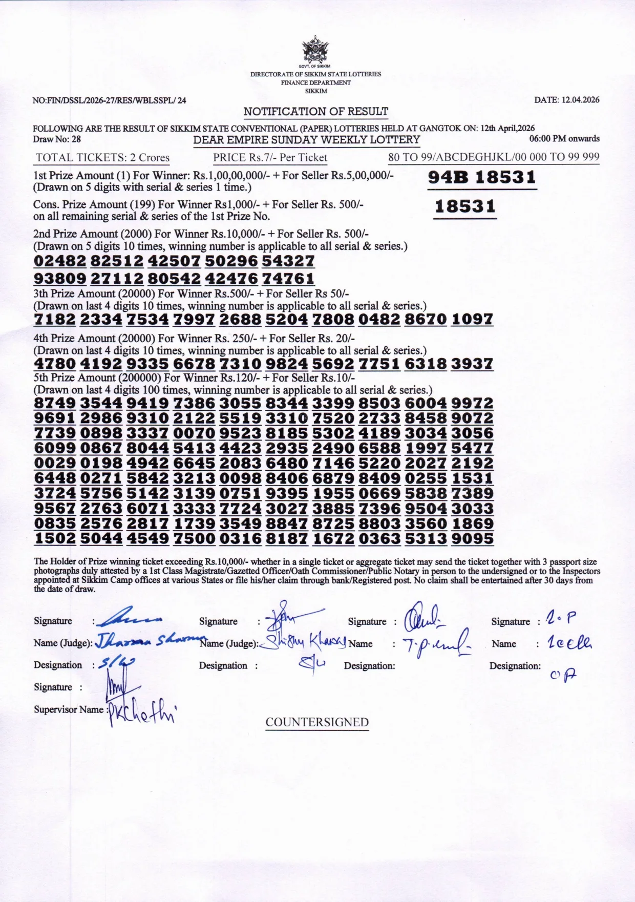Dear Lottery result sheet 6:00 PM 12-04-2026