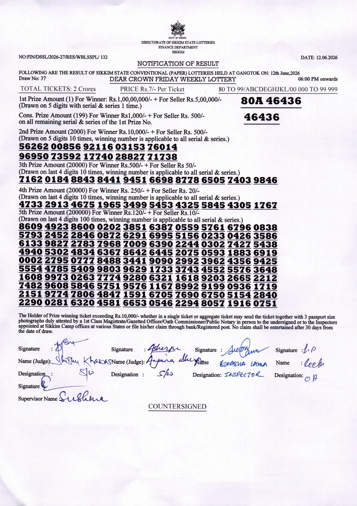 Dear Lottery result sheet 6:00 PM 12-06-2026