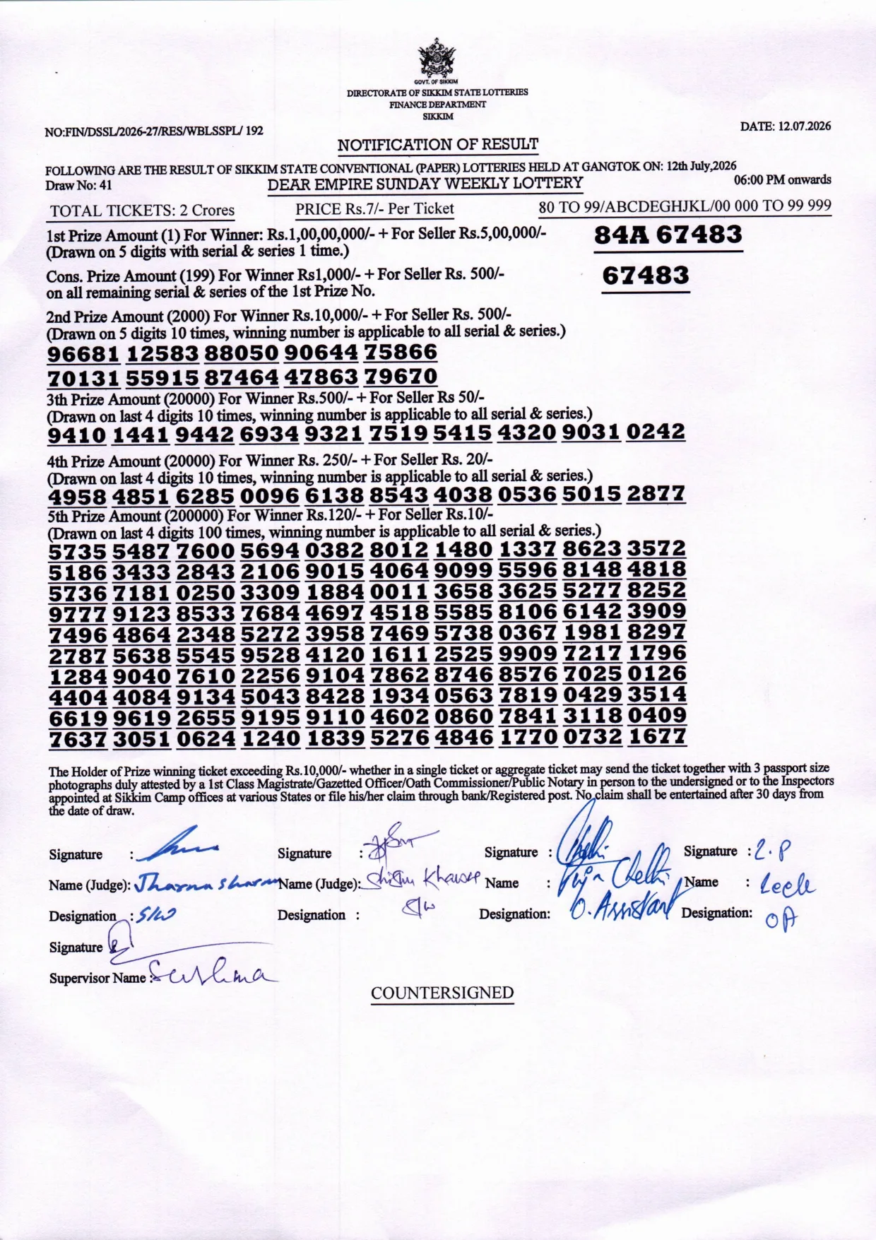 Dear Lottery result sheet 6:00 PM 12-07-2026
