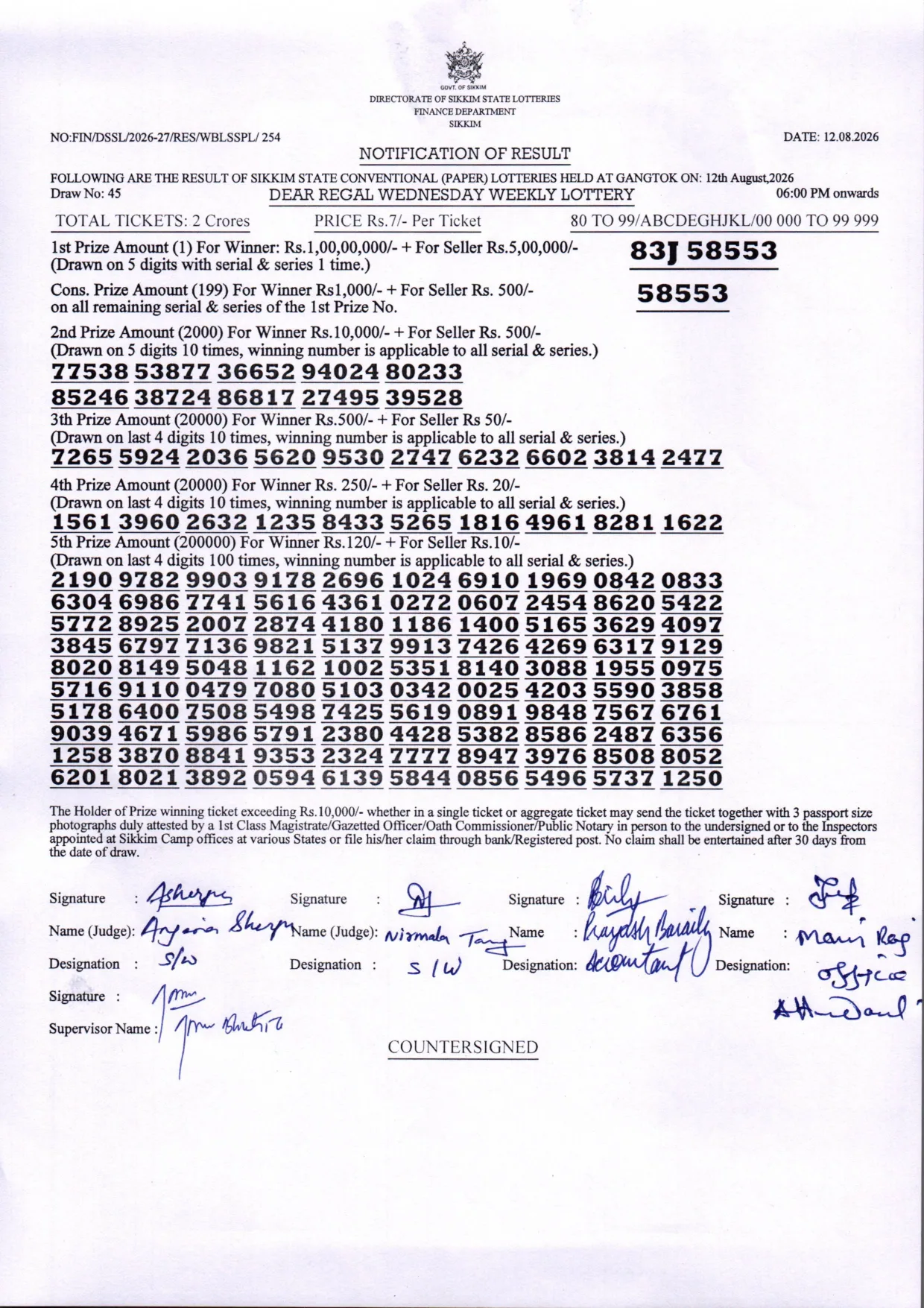 Dear Lottery result sheet 6:00 PM 12-08-2026