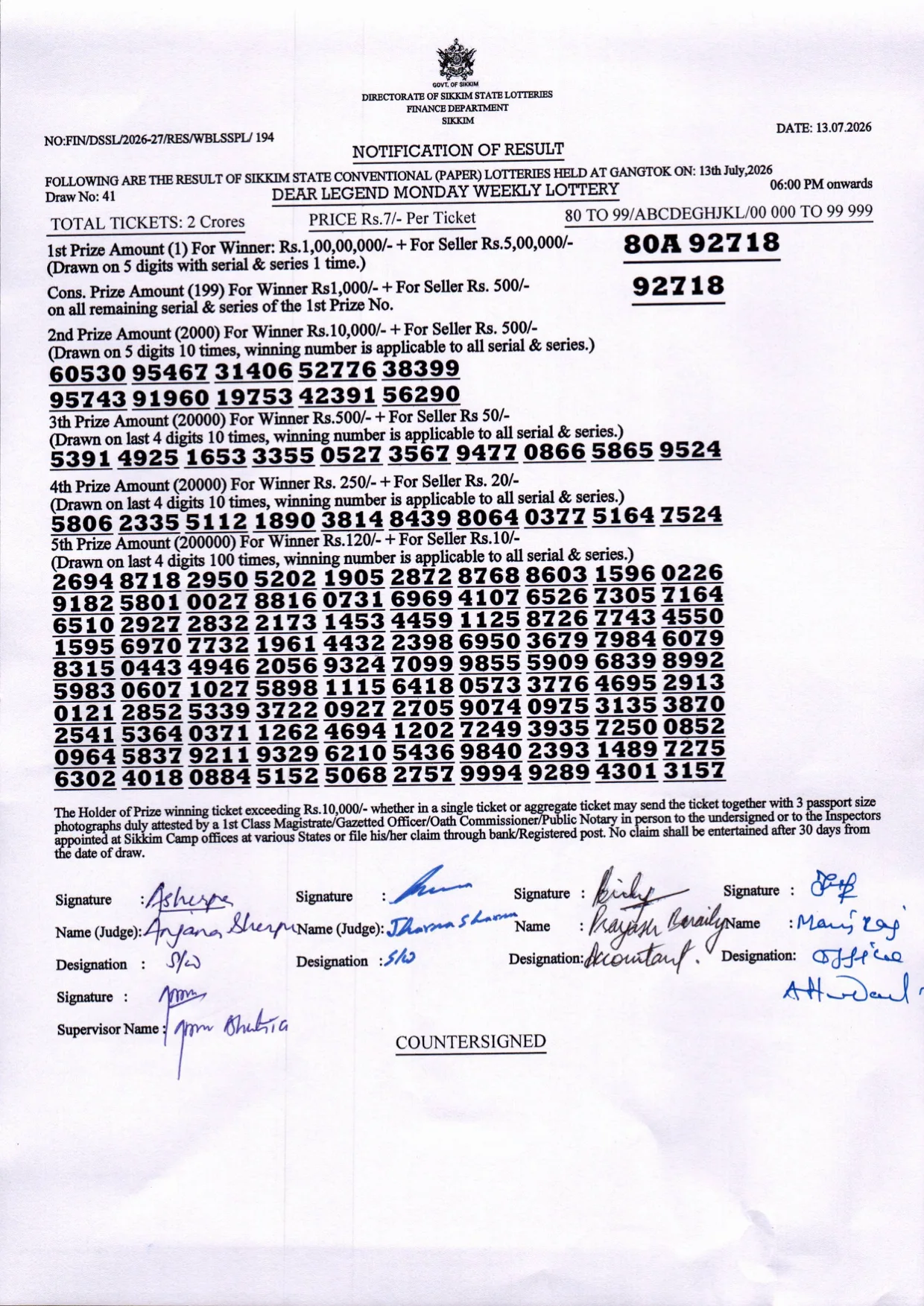 Dear Lottery result sheet 6:00 PM 13-07-2026