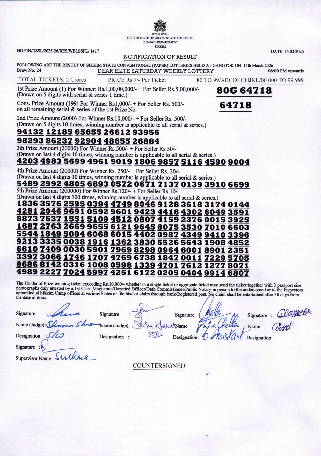 Dear Lottery result sheet 6:00 PM 14-03-2026